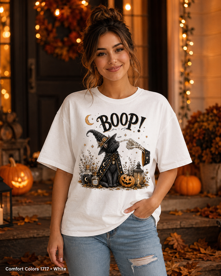 Boop Witch Cat Vintage Halloween T-Shirt — Comfort Colors 1717 White — female model