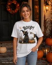 Boop Witch Cat Vintage Halloween T-Shirt — Gildan 2000 White — female model