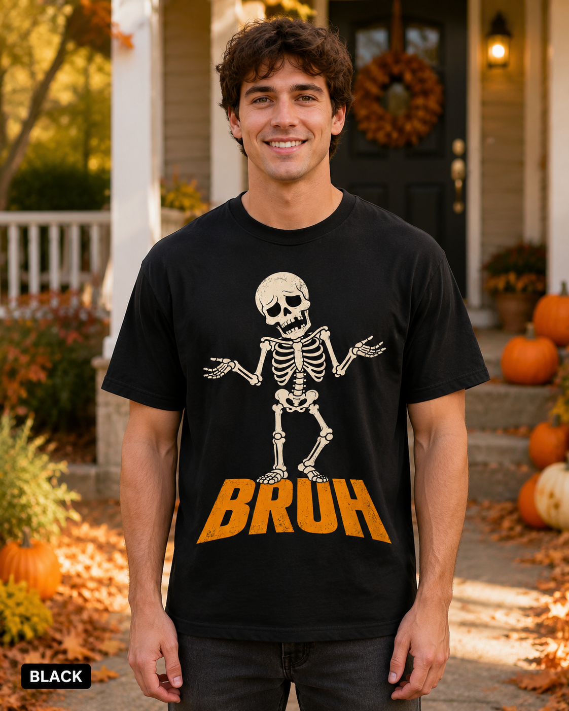 Male model wearing Black BRUH shrugging skeleton Halloween T-shirt