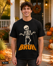 Male model wearing Black BRUH shrugging skeleton Halloween T-shirt