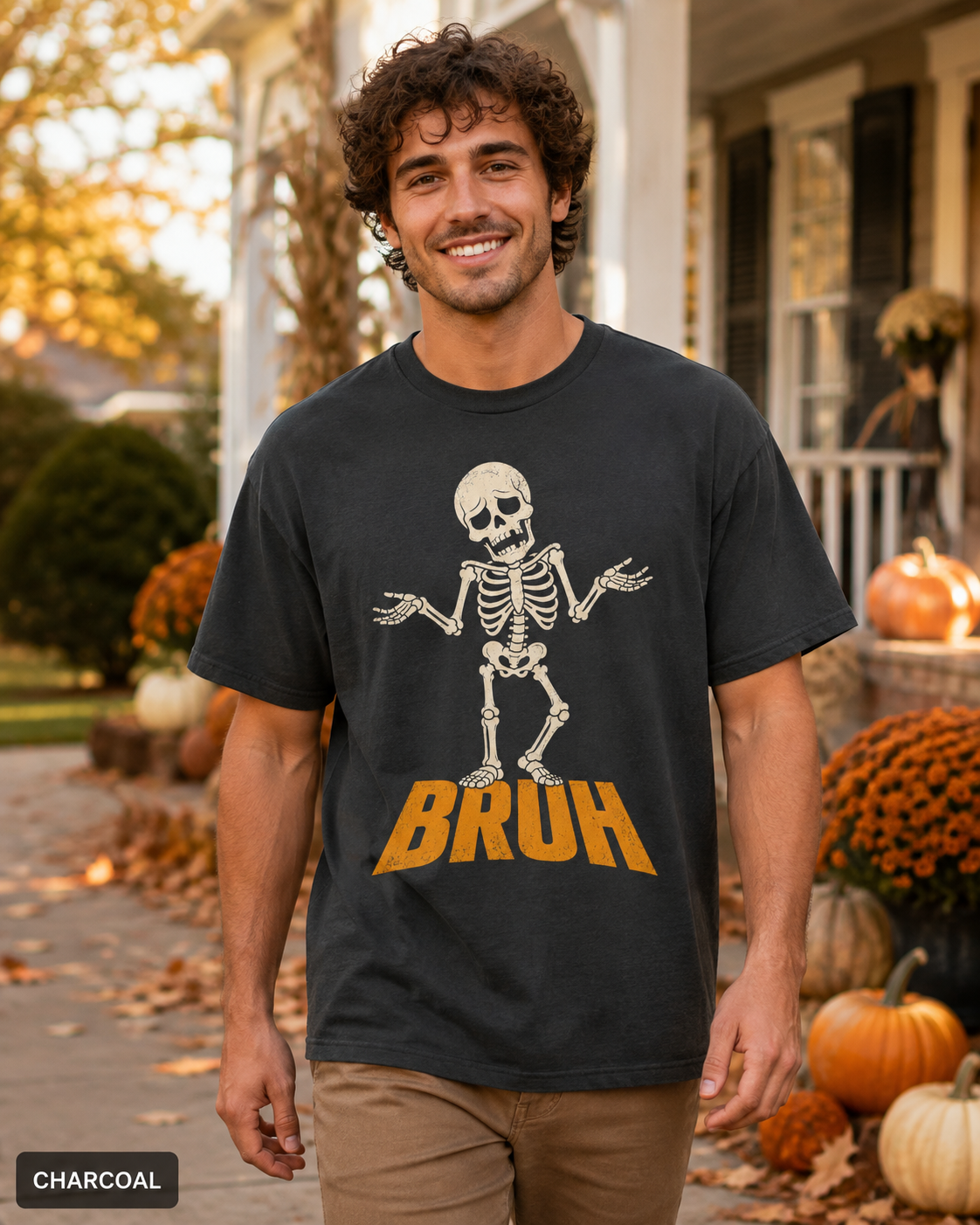Male model wearing Charcoal BRUH shrugging skeleton Halloween T-shirt