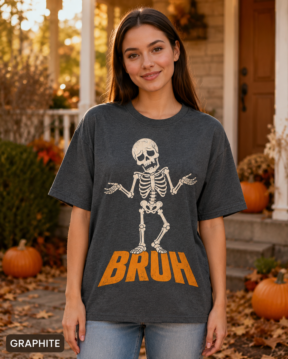 Female model wearing Graphite BRUH shrugging skeleton Halloween T-shirt