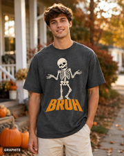 Male model wearing Graphite BRUH shrugging skeleton Halloween T-shirt