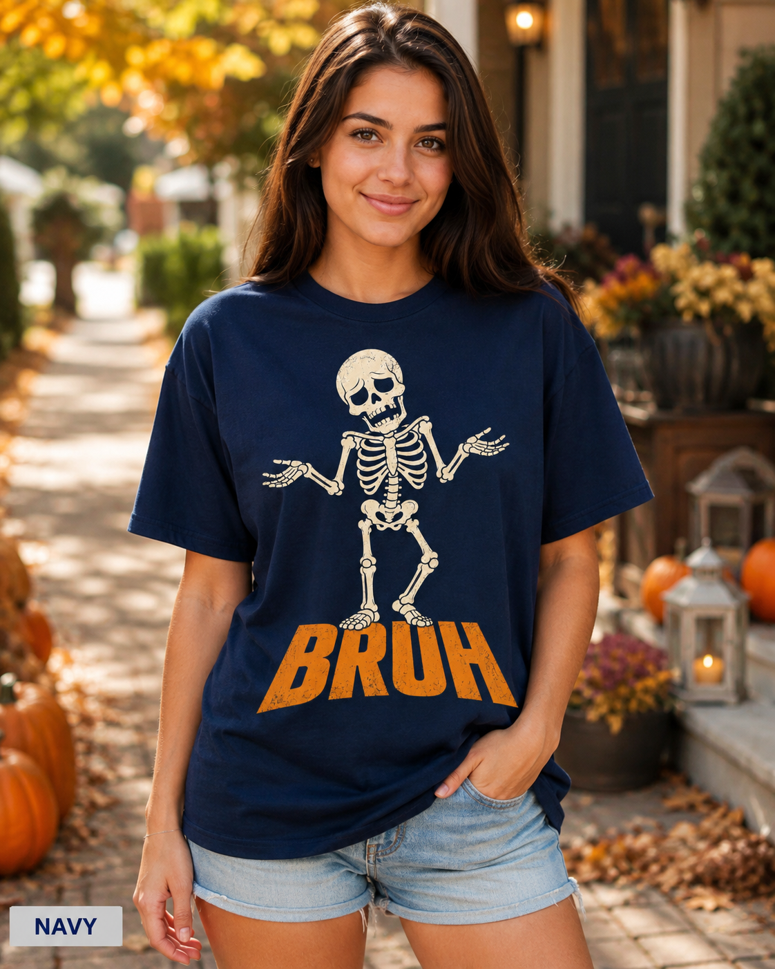 Female model wearing Navy BRUH shrugging skeleton Halloween T-shirt