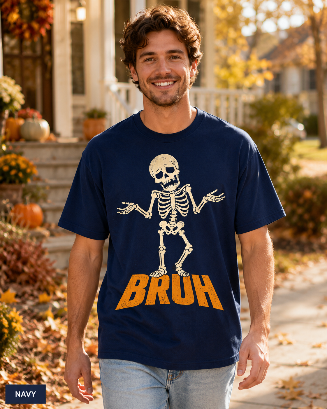 Male model wearing Navy BRUH shrugging skeleton Halloween T-shirt