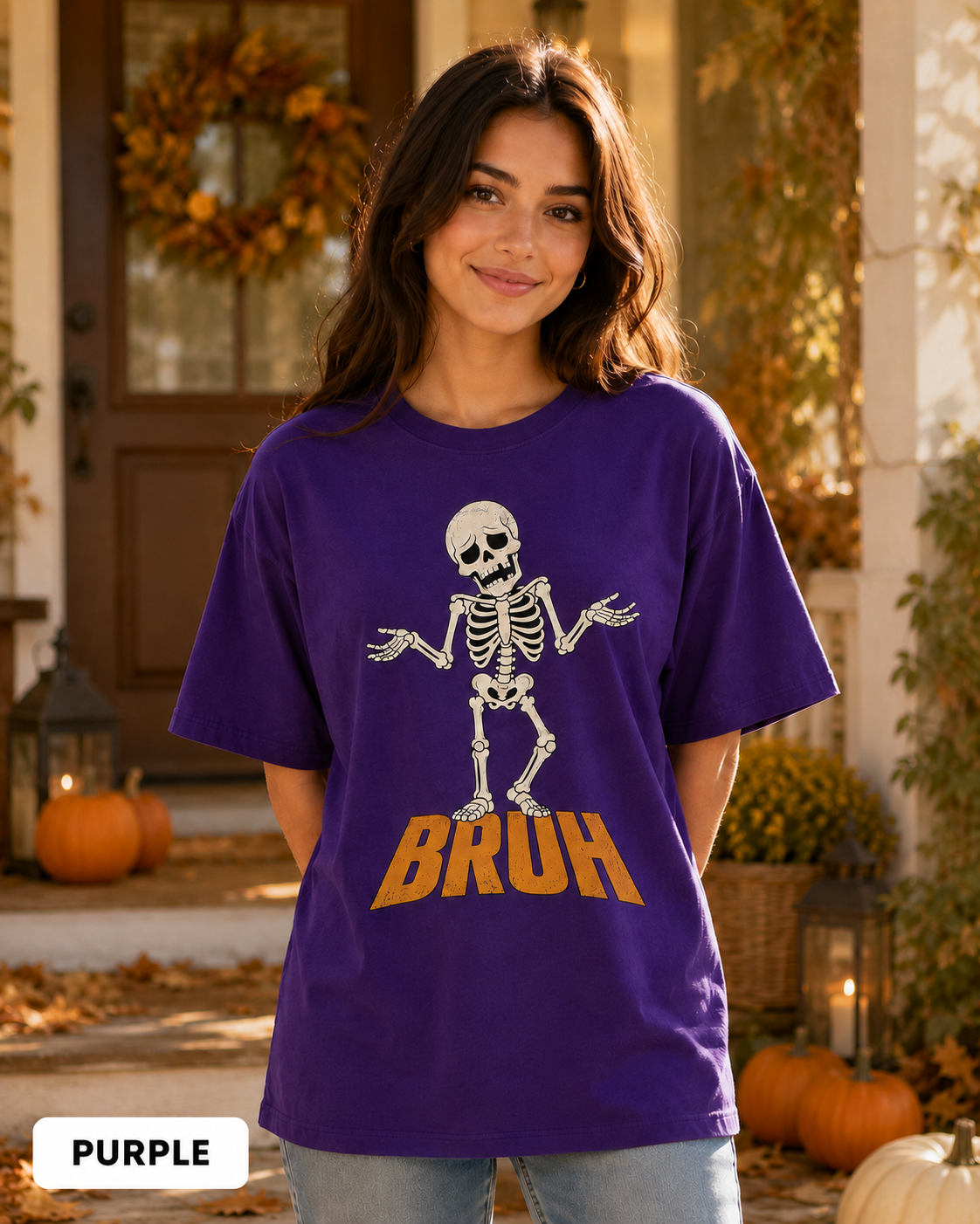 Female model wearing Purple BRUH shrugging skeleton Halloween T-shirt