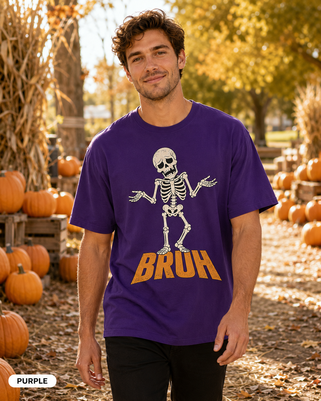Male model wearing Purple BRUH shrugging skeleton Halloween T-shirt