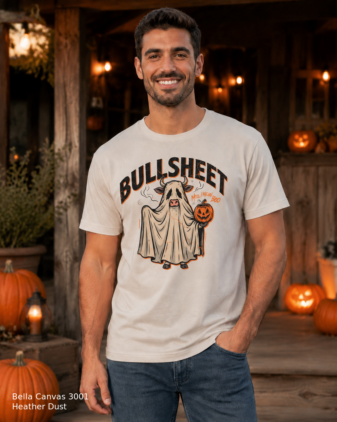 Male model wearing the Bella Canvas 3001 Heather Dust Bullsheet Ghost Cow Halloween T-shirt