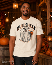 Male model wearing the Bella Canvas 3001 Natural Bullsheet Ghost Cow Halloween T-shirt
