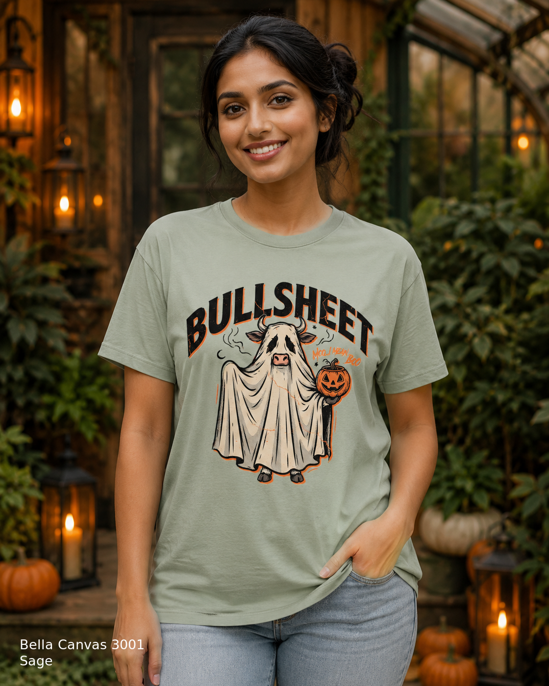 Female model wearing the Bella Canvas 3001 Sage Bullsheet Ghost Cow Halloween T-shirt