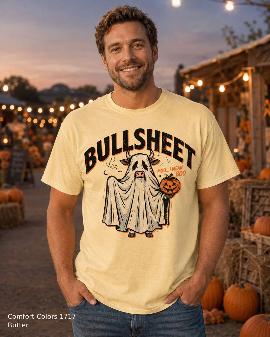 Male model wearing the Comfort Colors 1717 Butter Bullsheet Ghost Cow Halloween T-shirt
