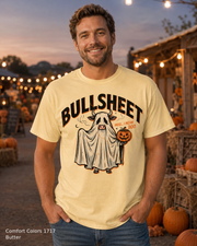 Male model wearing the Comfort Colors 1717 Butter Bullsheet Ghost Cow Halloween T-shirt