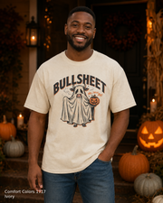 Male model wearing the Comfort Colors 1717 Ivory Bullsheet Ghost Cow Halloween T-shirt