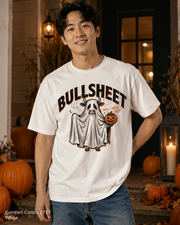 Male model wearing the Comfort Colors 1717 White Bullsheet Ghost Cow Halloween T-shirt