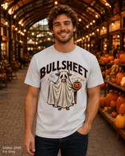 Male model wearing the Gildan 2000 Ice Grey Bullsheet Ghost Cow Halloween T-shirt