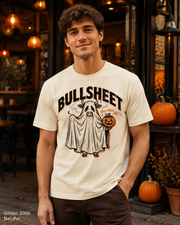 Male model wearing the Gildan 2000 Natural Bullsheet Ghost Cow Halloween T-shirt