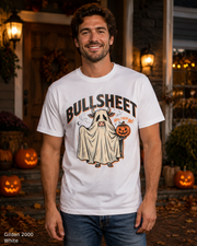 Male model wearing the Gildan 2000 White Bullsheet Ghost Cow Halloween T-shirt