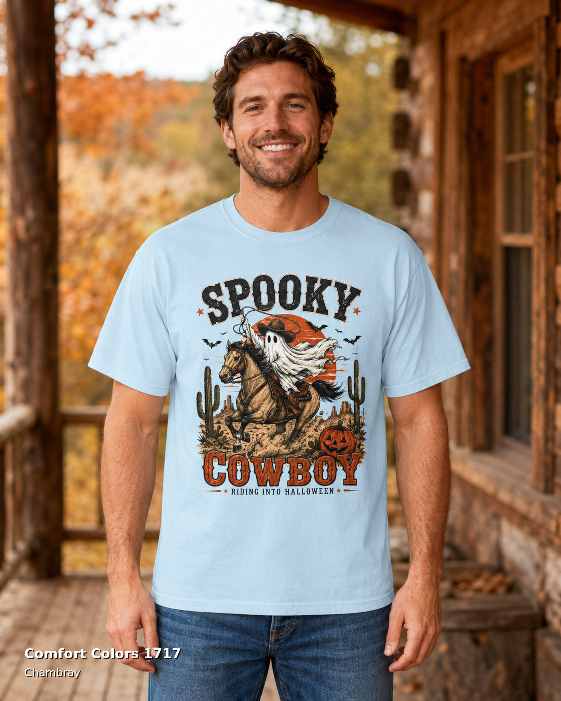 Comfort Colors 1717 — Chambray — Male model — Spooky Cowboy T-Shirt