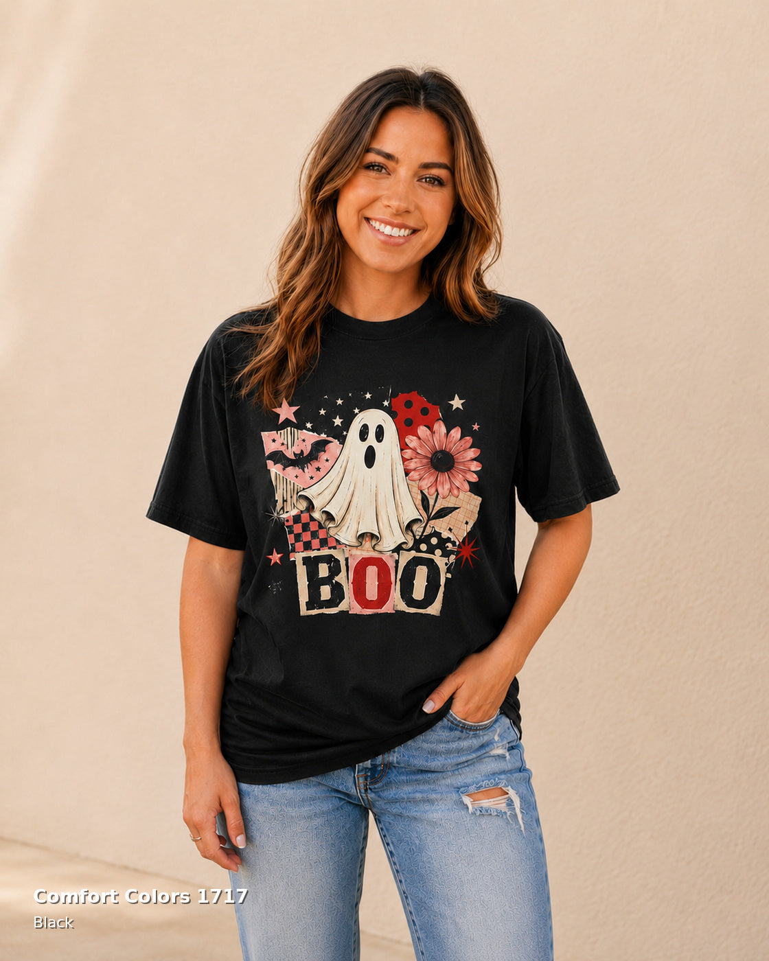 Comfort Colors 1717 Black — centered female model wearing Retro BOO Ghost Floral Halloween T-Shirt