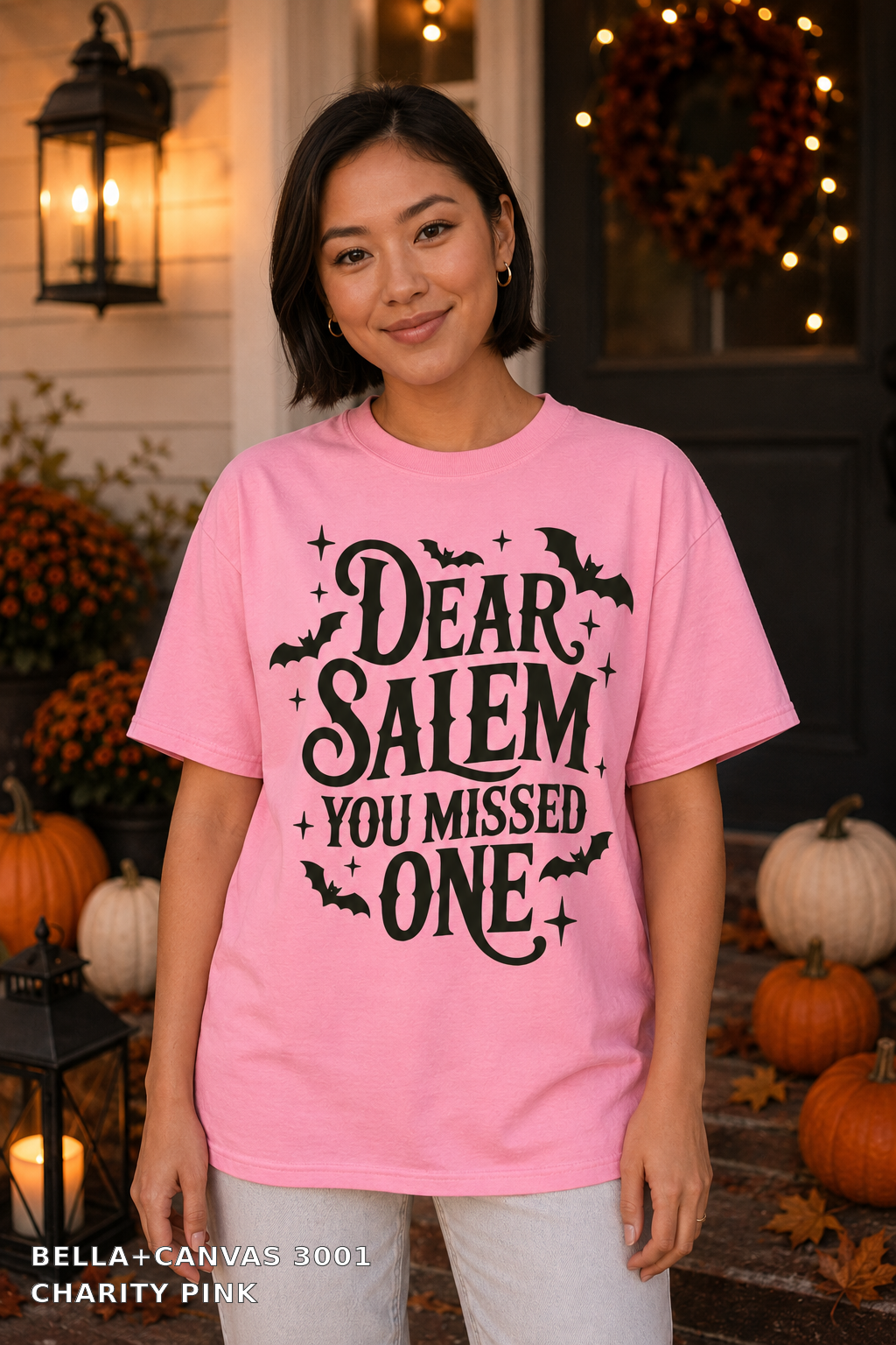 Dear Salem You Missed One Halloween T-Shirt — Bella+Canvas 3001 Charity Pink - female model