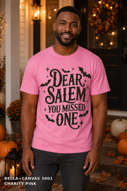 Dear Salem You Missed One Halloween T-Shirt — Bella+Canvas 3001 Charity Pink - male model