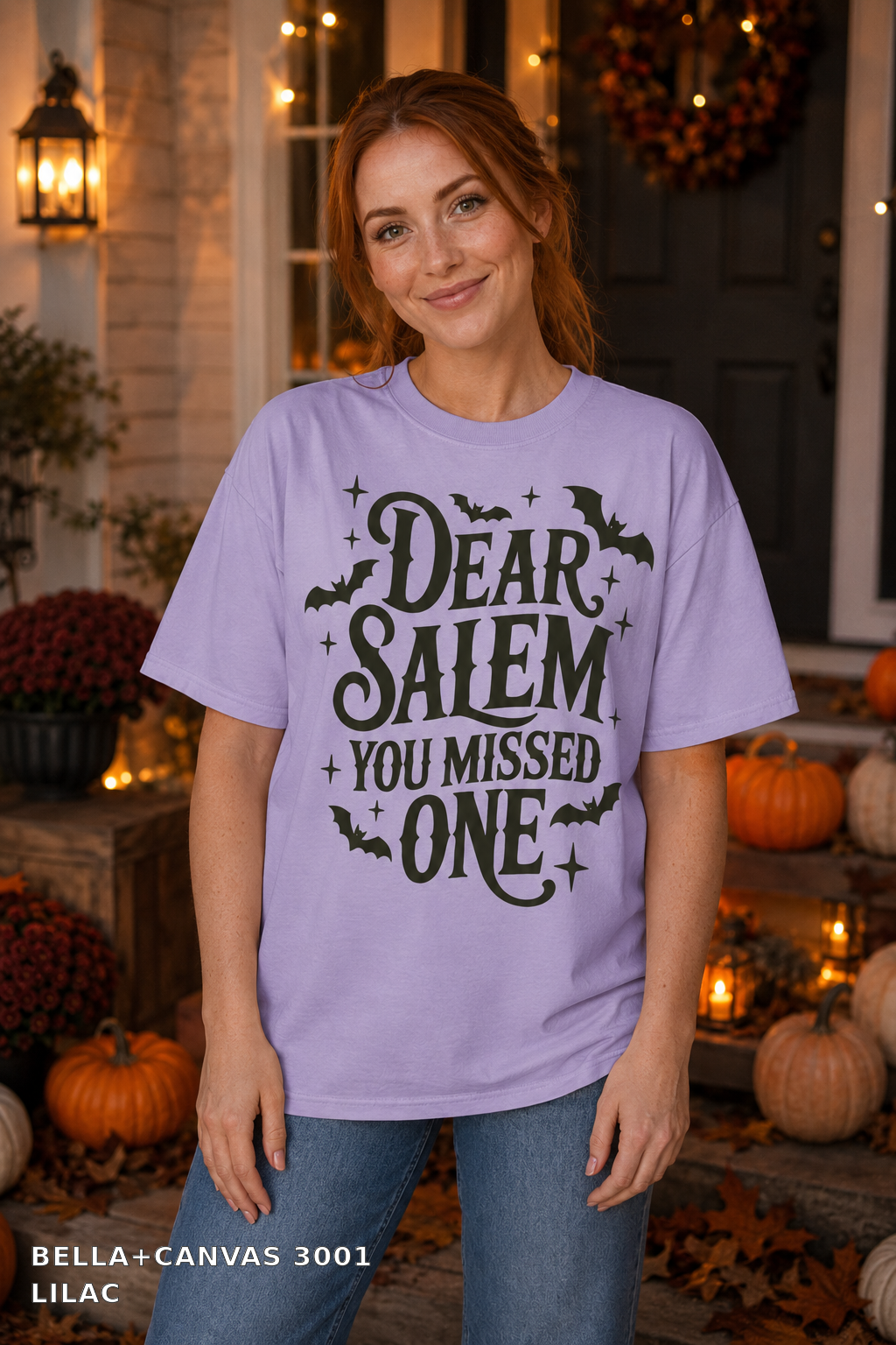Dear Salem You Missed One Halloween T-Shirt — Bella+Canvas 3001 Lilac - female model