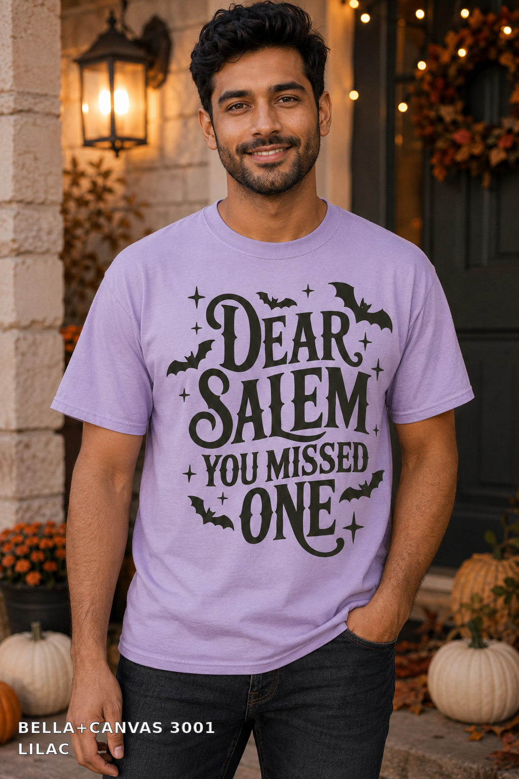 Dear Salem You Missed One Halloween T-Shirt — Bella+Canvas 3001 Lilac - male model