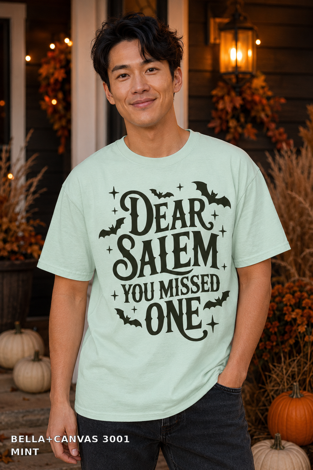 Dear Salem You Missed One Halloween T-Shirt — Bella+Canvas 3001 Mint - male model