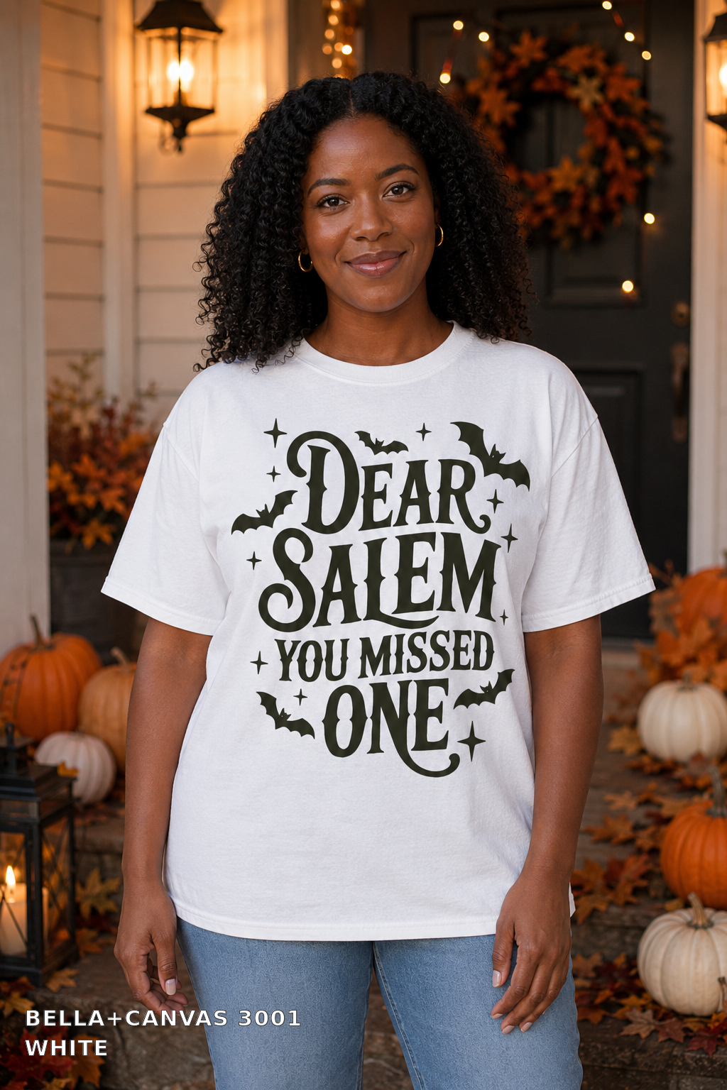 Dear Salem You Missed One Halloween T-Shirt — Bella+Canvas 3001 White - female model