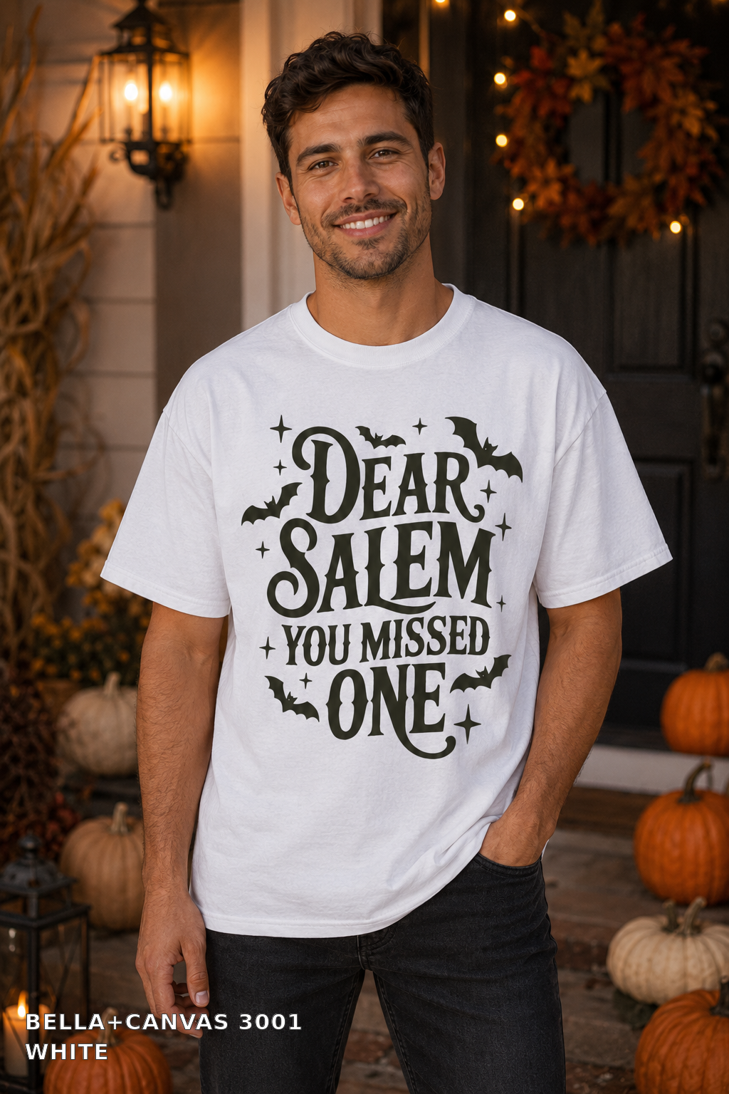 Dear Salem You Missed One Halloween T-Shirt — Bella+Canvas 3001 White - male model
