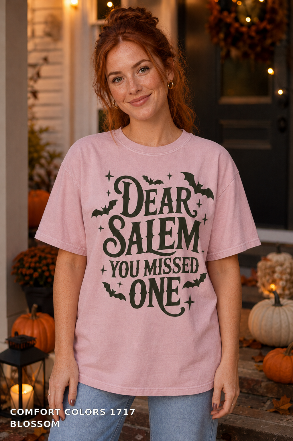 Dear Salem You Missed One Halloween T-Shirt — Comfort Colors 1717 Blossom - female model