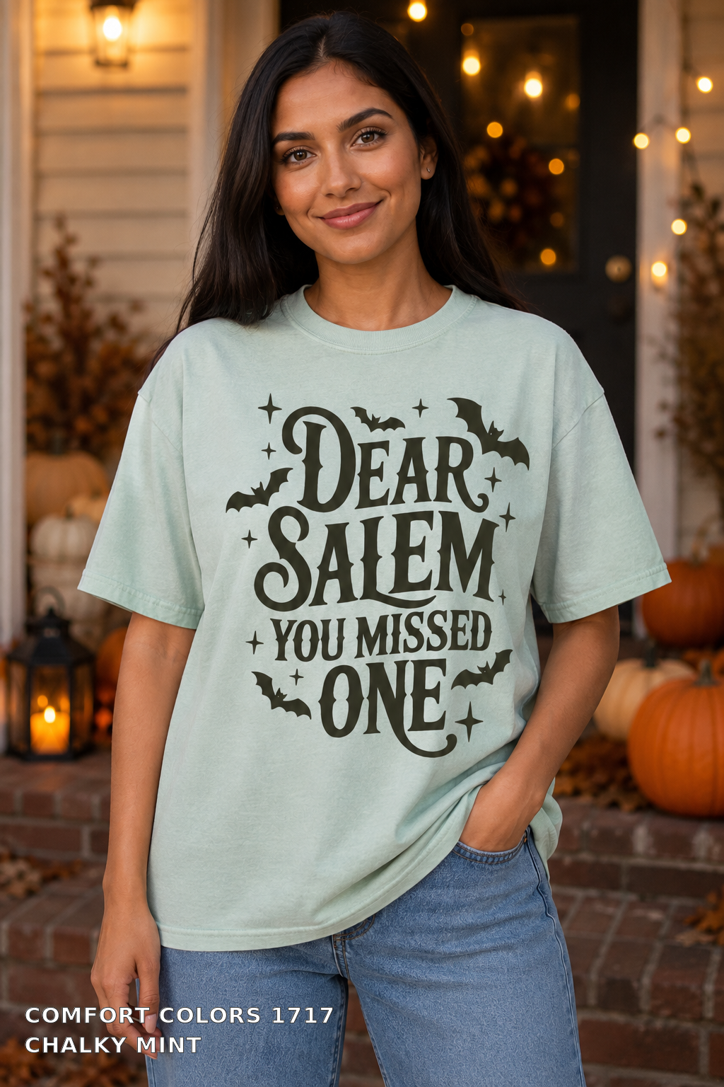 Dear Salem You Missed One Halloween T-Shirt — Comfort Colors 1717 Chalky Mint - female model