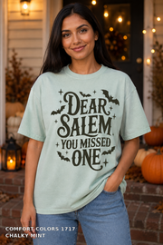 Dear Salem You Missed One Halloween T-Shirt — Comfort Colors 1717 Chalky Mint - female model