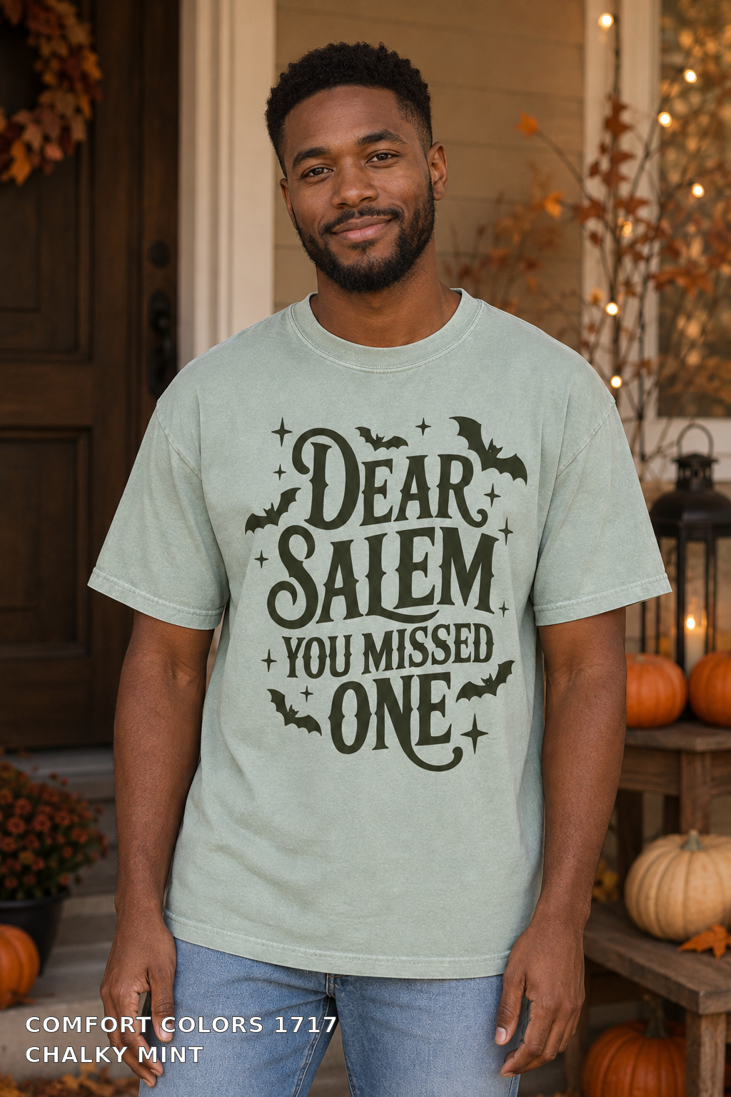Dear Salem You Missed One Halloween T-Shirt — Comfort Colors 1717 Chalky Mint - male model