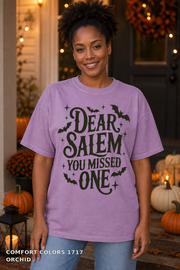 Dear Salem You Missed One Halloween T-Shirt — Comfort Colors 1717 Orchid - female model
