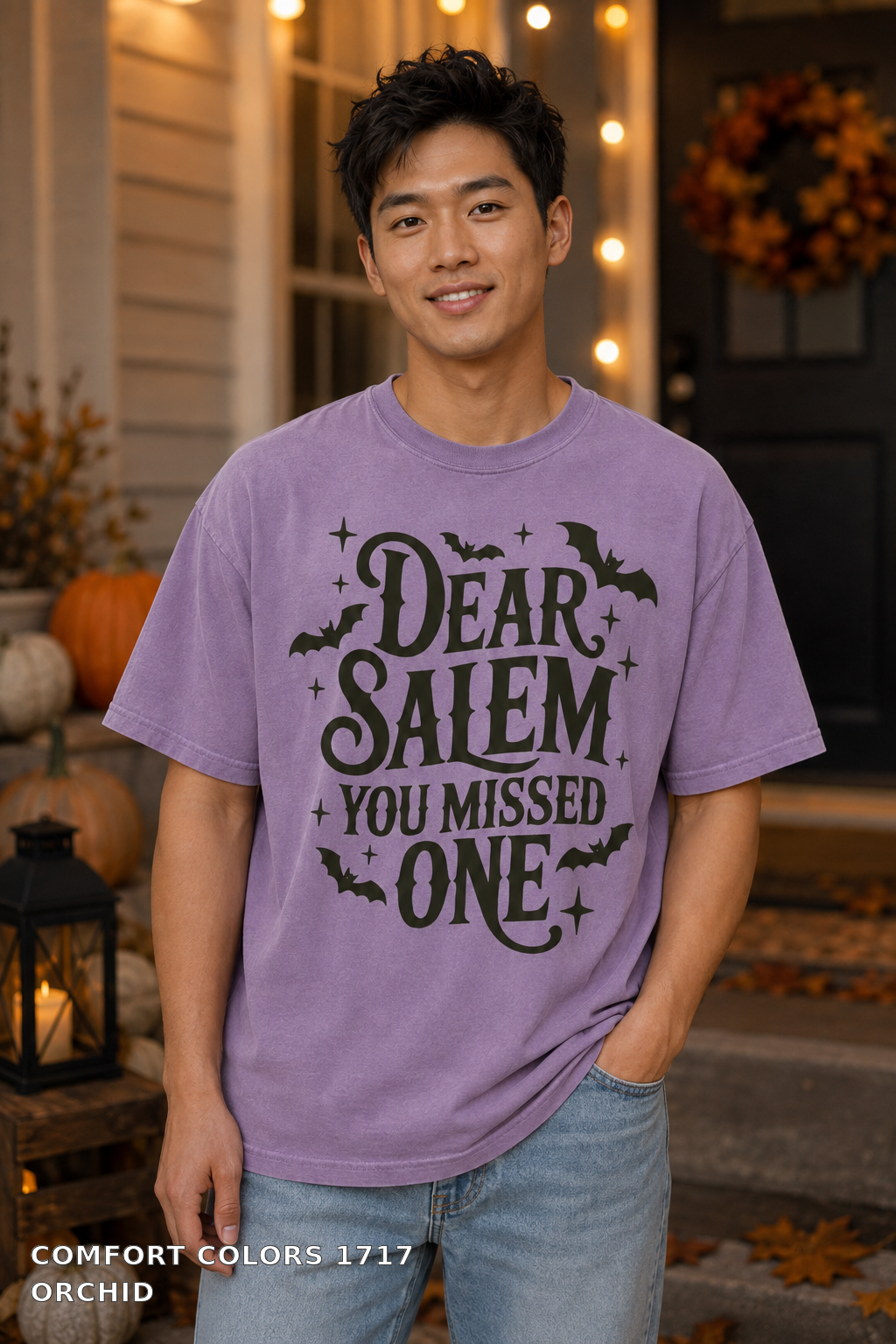 Dear Salem You Missed One Halloween T-Shirt — Comfort Colors 1717 Orchid - male model