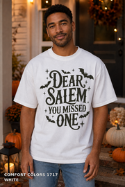 Dear Salem You Missed One Halloween T-Shirt — Comfort Colors 1717 White - male model