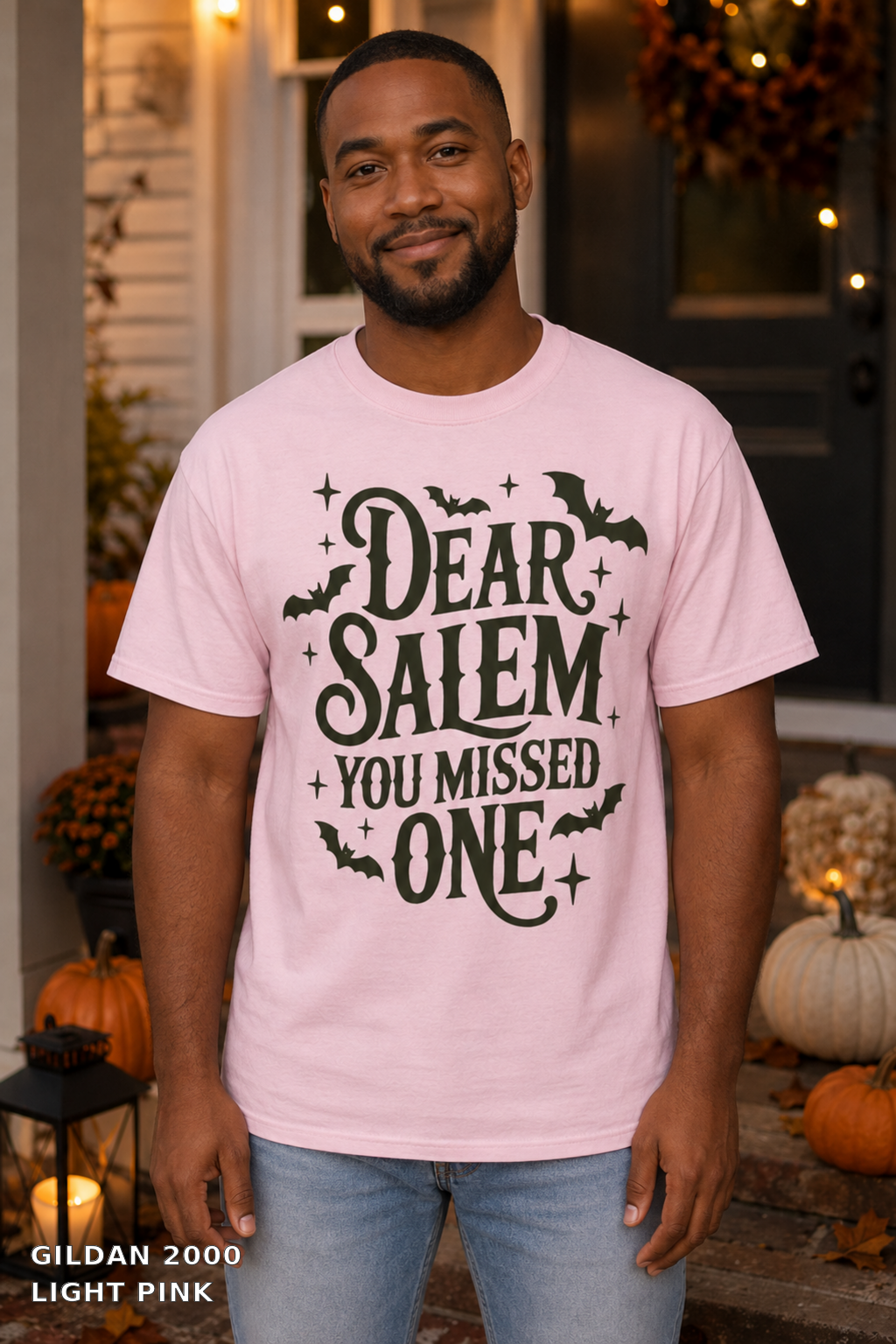 Dear Salem You Missed One Halloween T-Shirt — Gildan 2000 Light Pink - male model