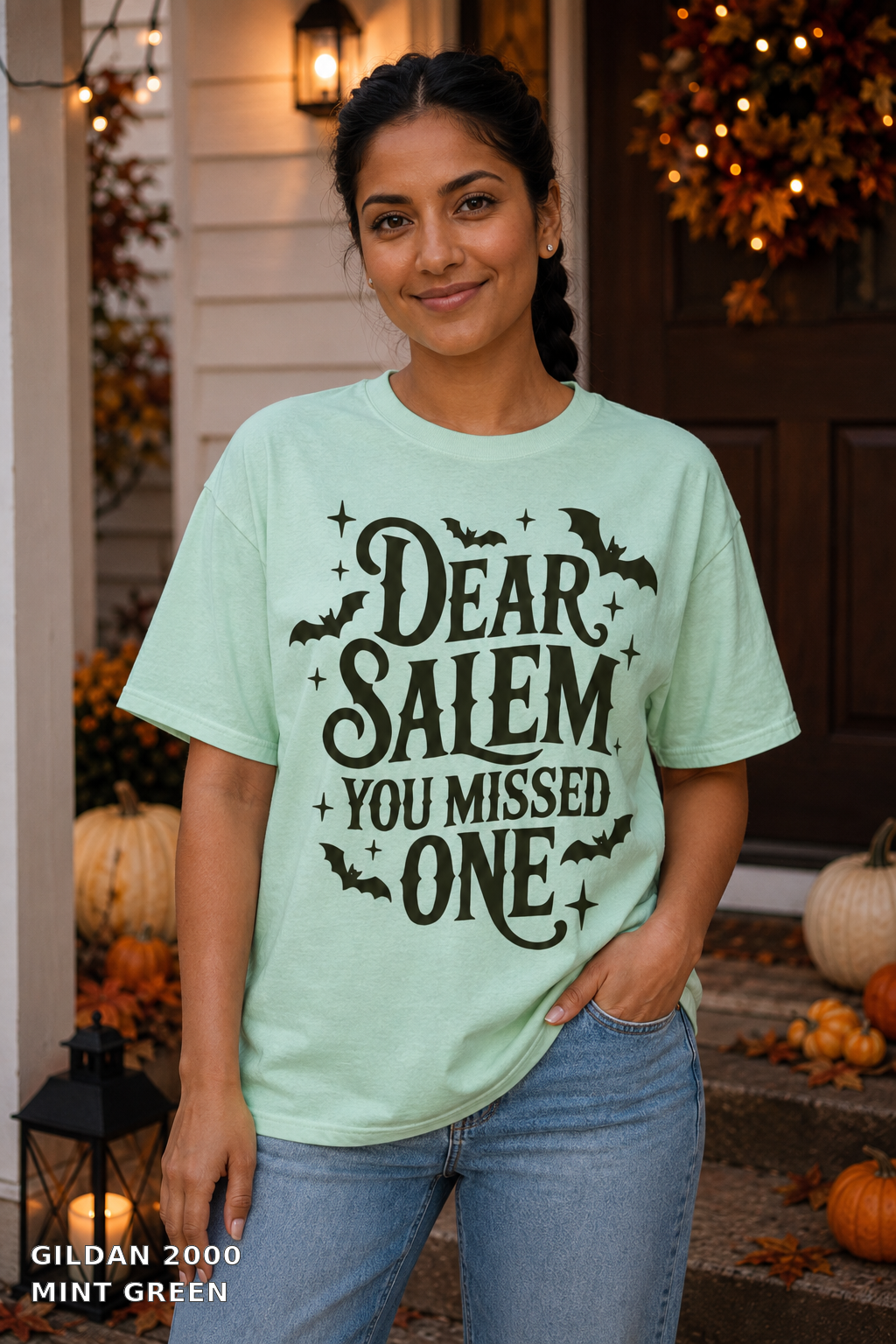 Dear Salem You Missed One Halloween T-Shirt — Gildan 2000 Mint Green - female model