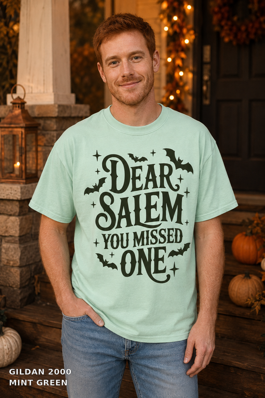 Dear Salem You Missed One Halloween T-Shirt — Gildan 2000 Mint Green - male model