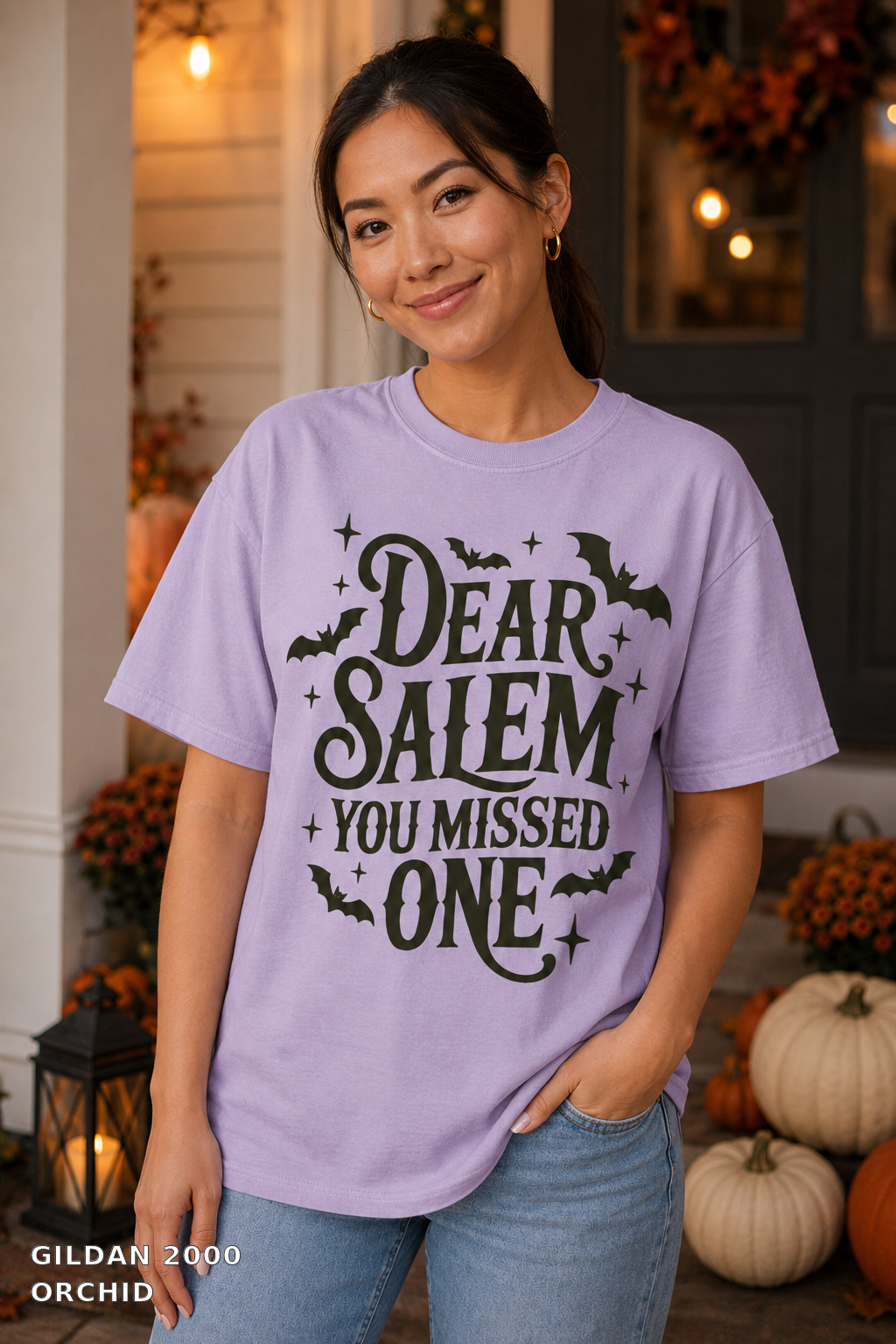 Dear Salem You Missed One Halloween T-Shirt — Gildan 2000 Orchid - female model