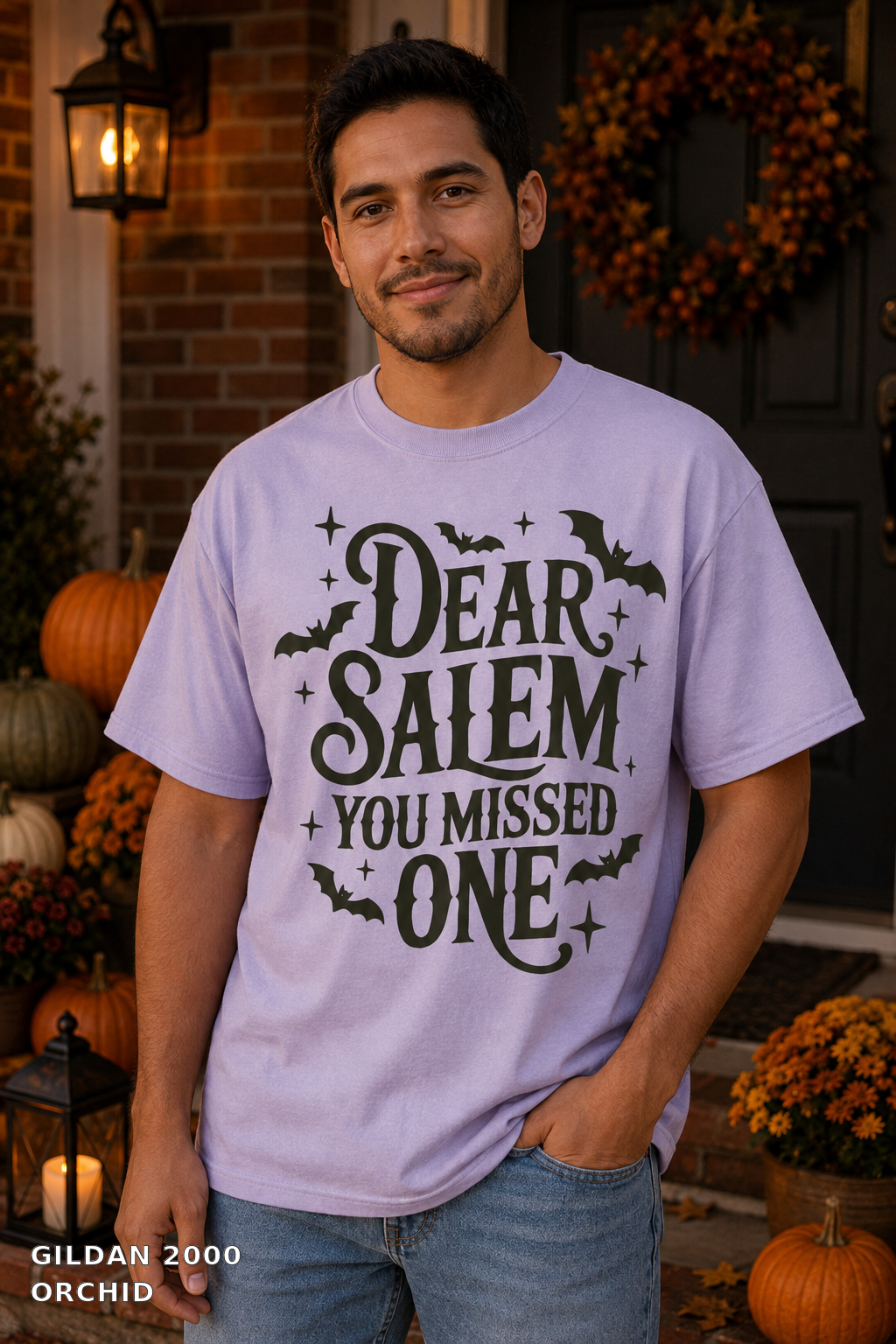 Dear Salem You Missed One Halloween T-Shirt — Gildan 2000 Orchid - male model