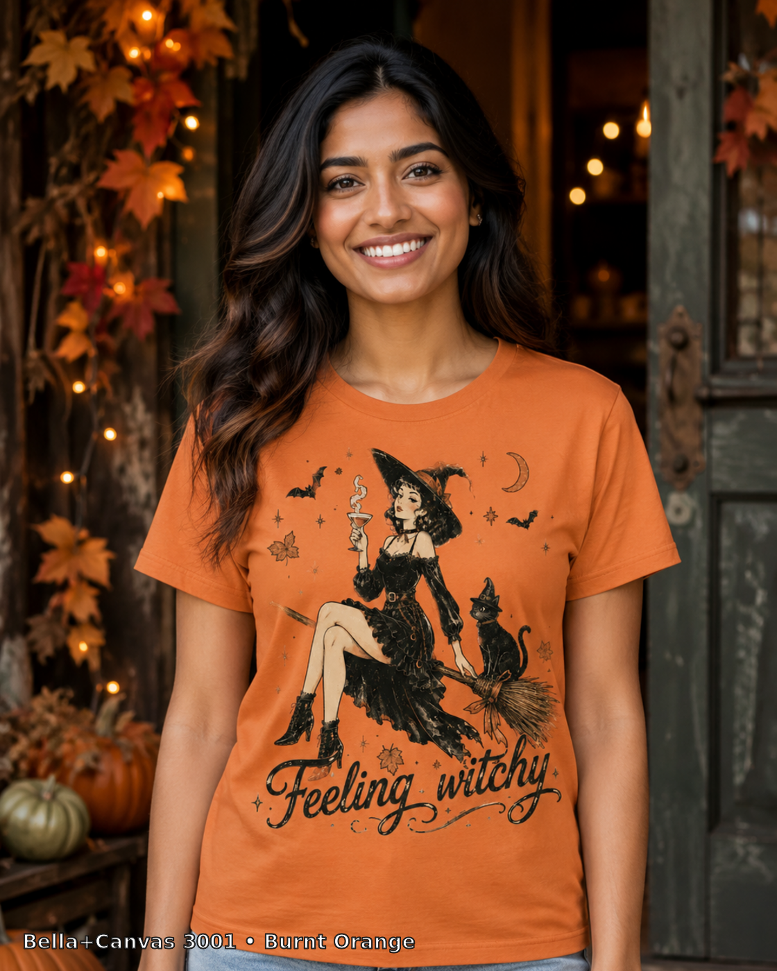 Feeling Witchy Halloween T-Shirt — Bella+Canvas 3001 Burnt Orange — female model