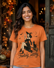 Feeling Witchy Halloween T-Shirt — Bella+Canvas 3001 Burnt Orange — female model