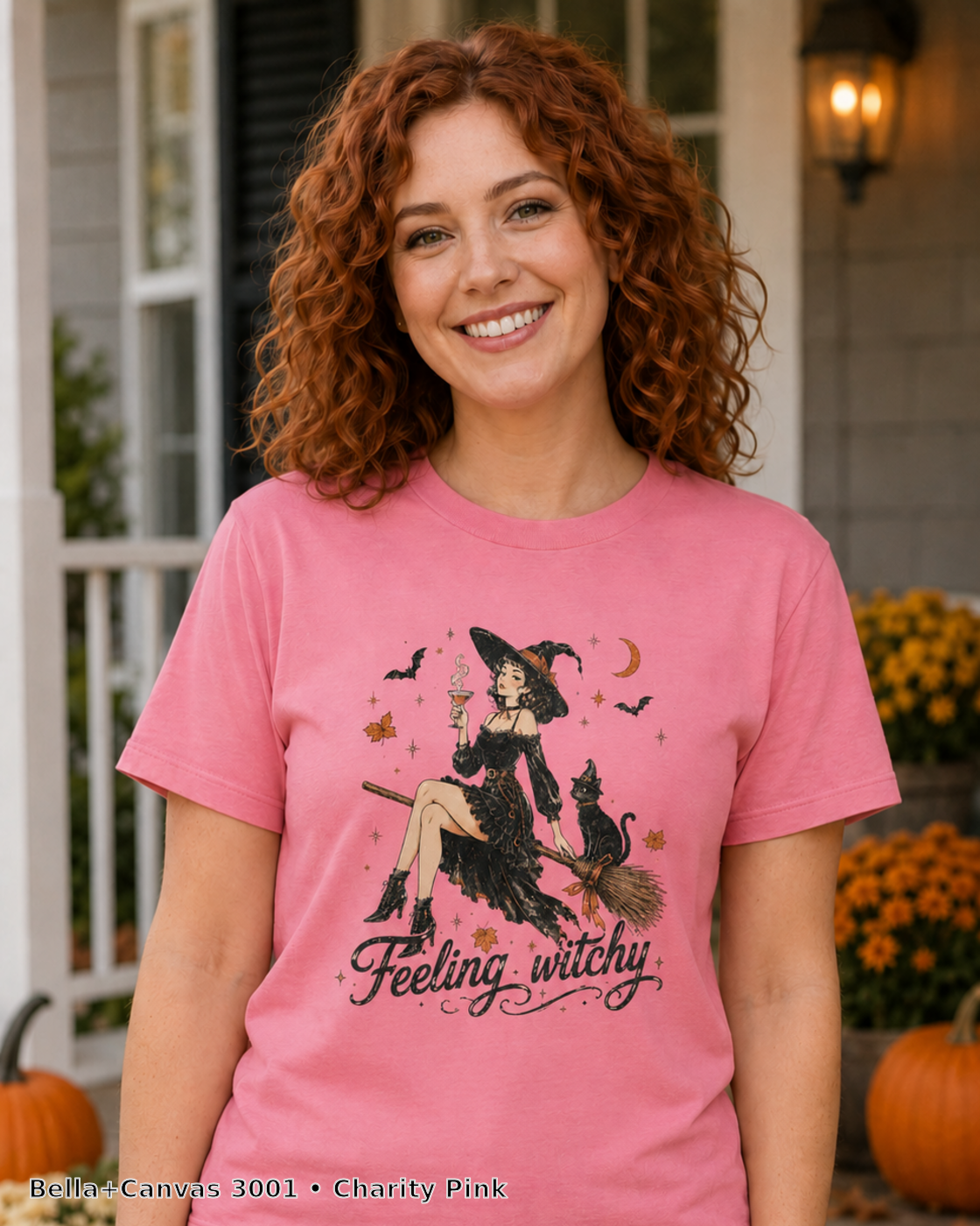 Feeling Witchy Halloween T-Shirt — Bella+Canvas 3001 Charity Pink — female model