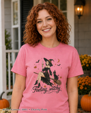 Feeling Witchy Halloween T-Shirt — Bella+Canvas 3001 Charity Pink — female model