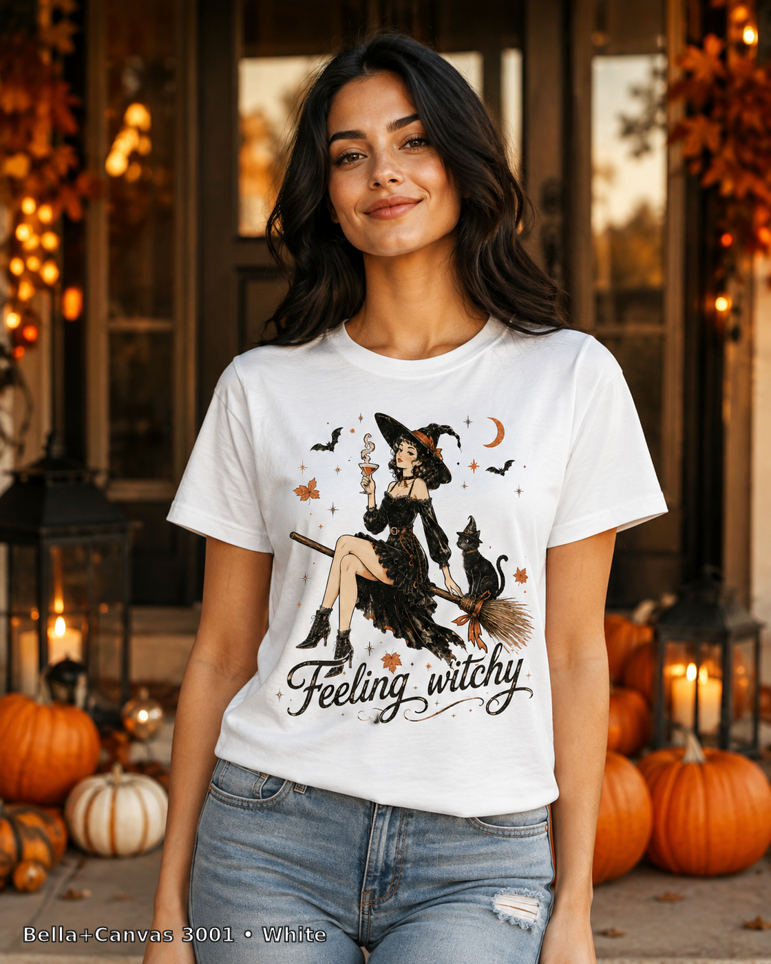 Feeling Witchy Halloween T-Shirt — Bella+Canvas 3001 White — female model