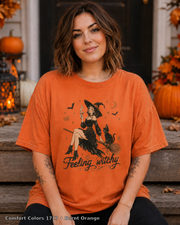 Feeling Witchy Halloween T-Shirt — Comfort Colors 1717 Burnt Orange — female model