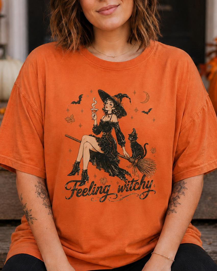 Feeling Witchy Vintage Halloween Witch & Black Cat T-Shirt
