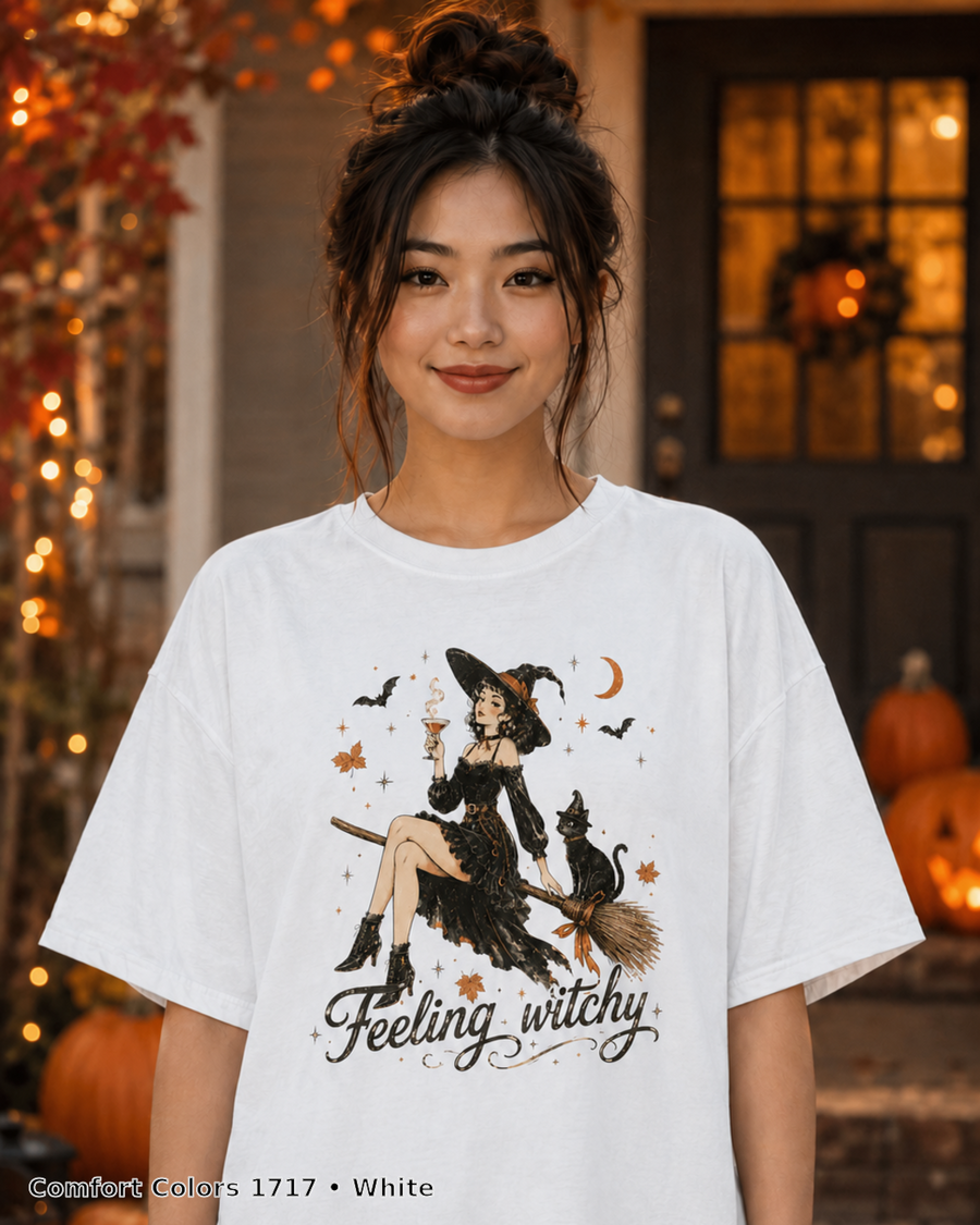 Feeling Witchy Halloween T-Shirt — Comfort Colors 1717 White — female model